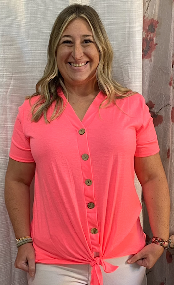 CURVY SOLID PINK TOP W/BUTTON & TIE
